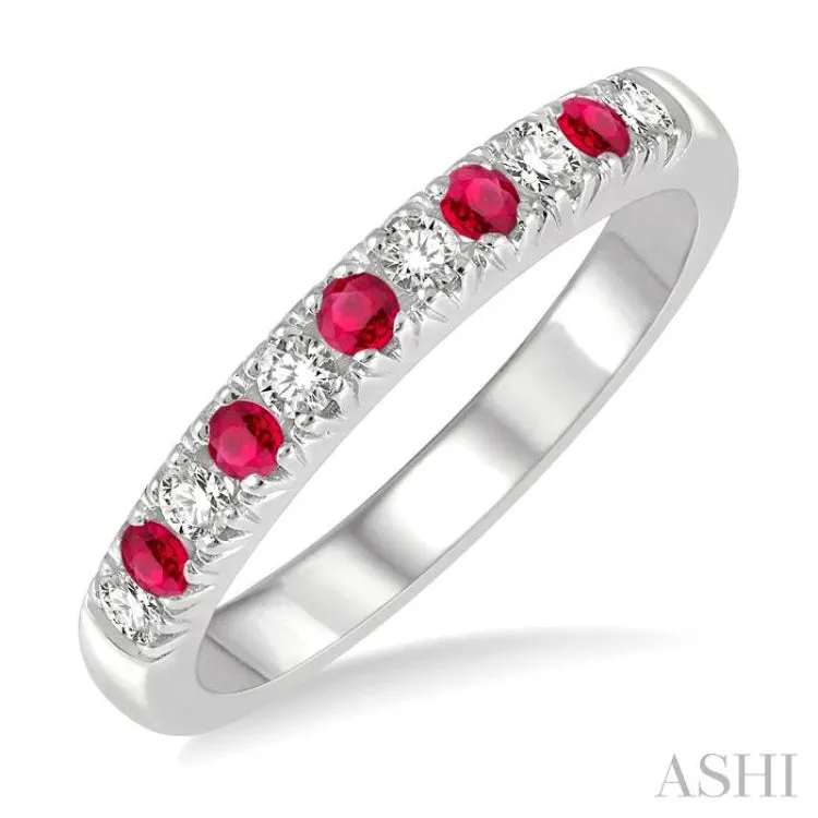 1/5 ctw Round Cut Diamond and 2MM Ruby Precious Wedding Band in 14K White Gold