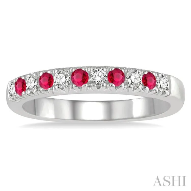 1/5 ctw Round Cut Diamond and 2MM Ruby Precious Wedding Band in 14K White Gold