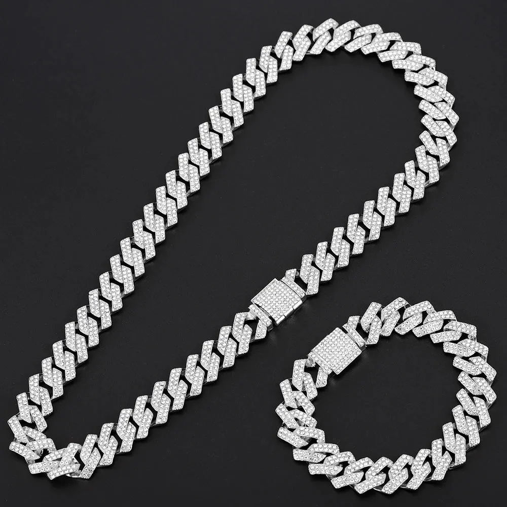 16mm Hip Hop Miami Cuban Link Chain Set Necklace  Watch Bracelet Creative Iced Out Shiny Trendy Stylish Jewelry For Women Men