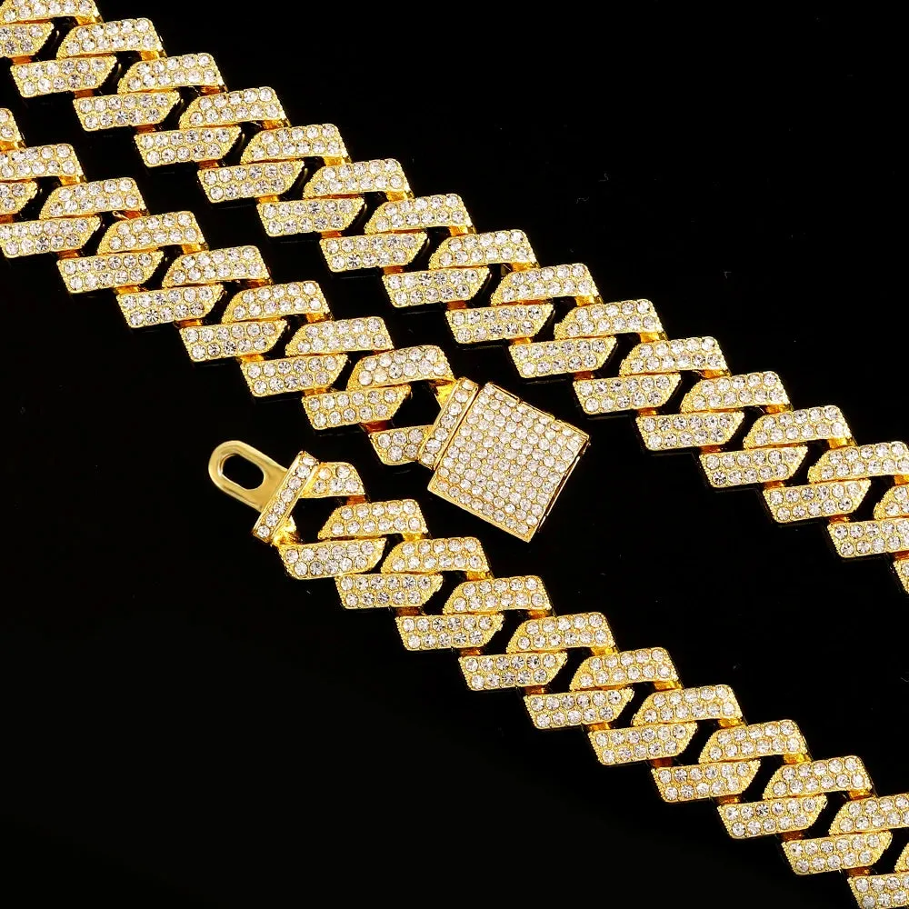 16mm Hip Hop Miami Cuban Link Chain Set Necklace  Watch Bracelet Creative Iced Out Shiny Trendy Stylish Jewelry For Women Men