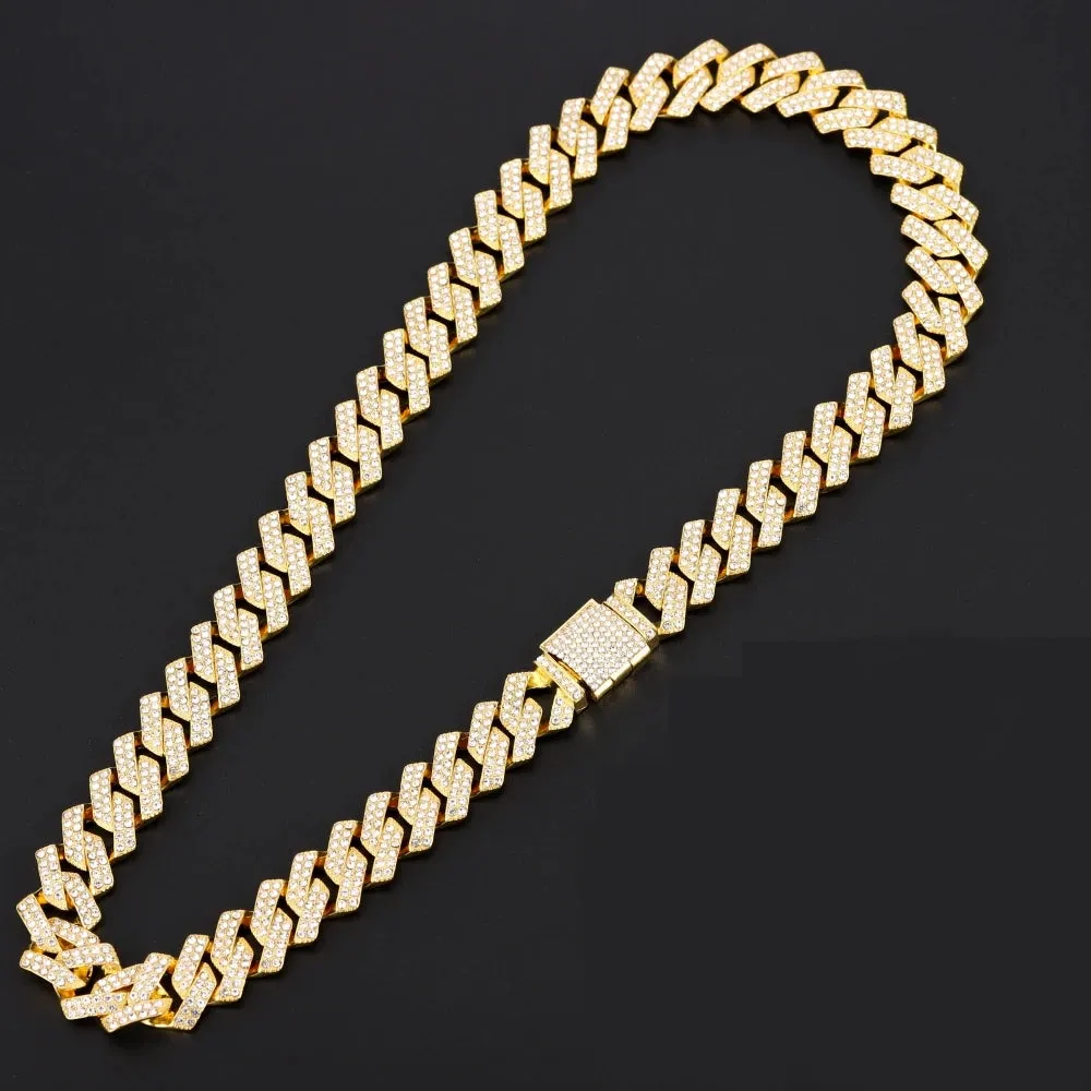 16mm Hip Hop Miami Cuban Link Chain Set Necklace  Watch Bracelet Creative Iced Out Shiny Trendy Stylish Jewelry For Women Men