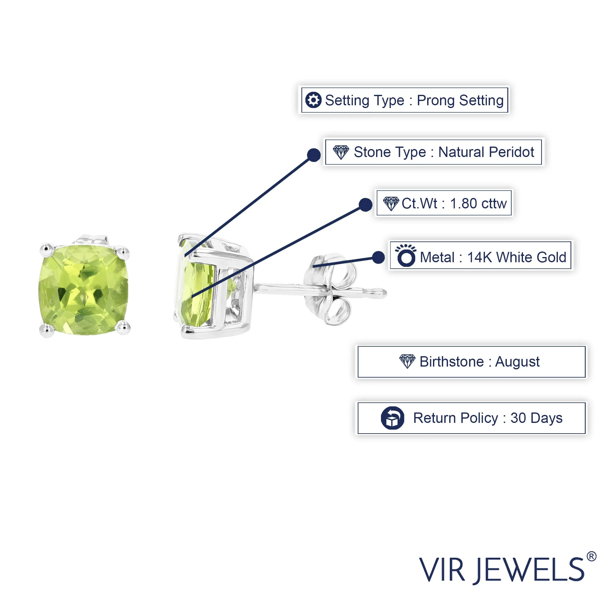 1.80 cttw 6 MM Peridot Stud Earrings 14K White Gold Cushion Cut with Push Backs August Birthstone