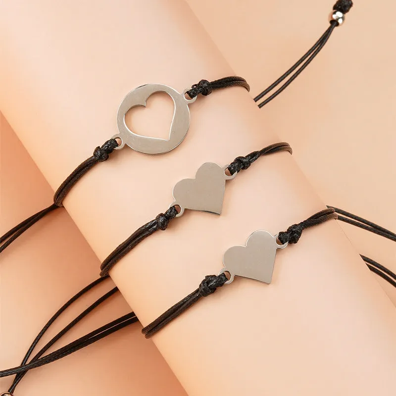 3 Pieces Stainless Steel Hollow Heart Bracelet Set