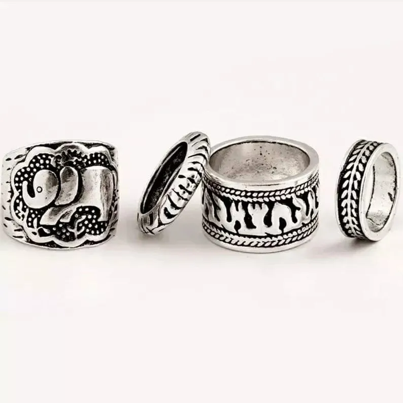 4 Pieces Ethnic Vintage Elephant Bohemian Antique Silver Rings Set