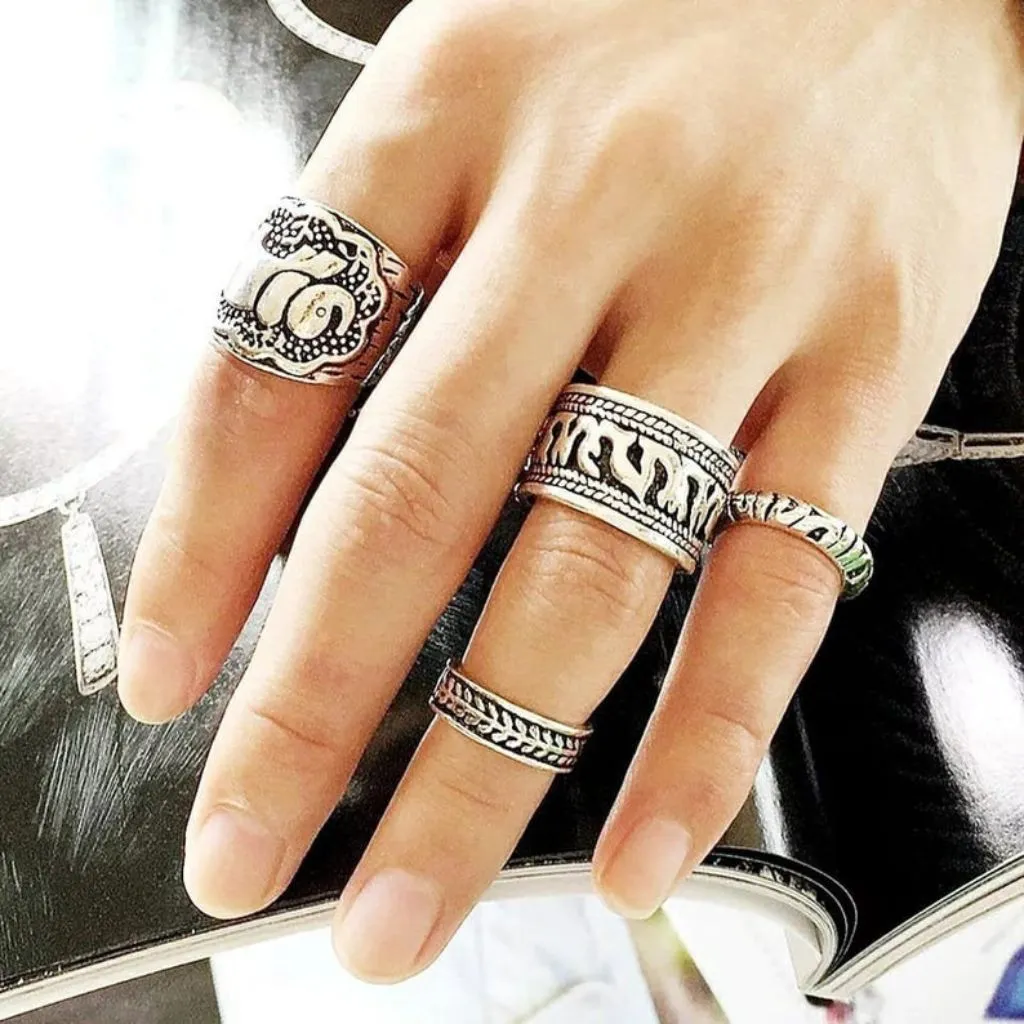 4 Pieces Ethnic Vintage Elephant Bohemian Antique Silver Rings Set