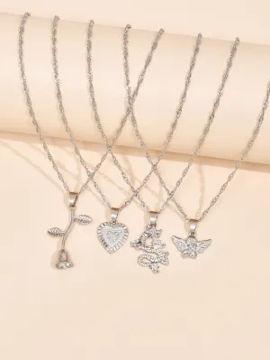 4pcs Rose Heart Angel Pendant Necklace for Women Novelty Necklace Creative