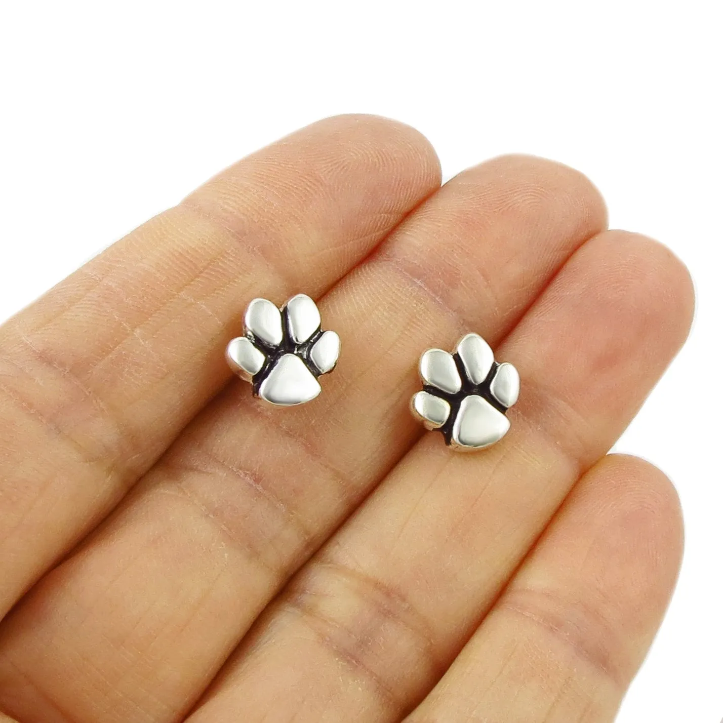 925 Silver Animal Lover Dog Cat Paw Print Stud Earrings