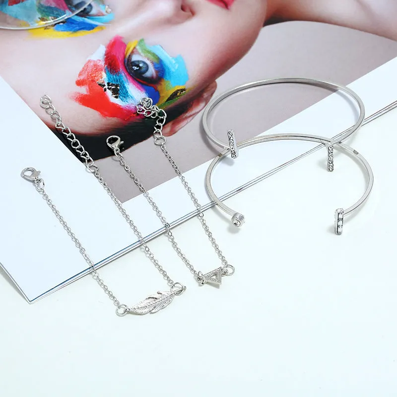 Alloy 4 Piece Simple Diamond Leaf Multilayer Bracelet set