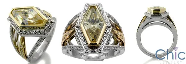 Anniversary Canary Bezel Halo Cubic Zirconia 14K Two Tone Gold Ring