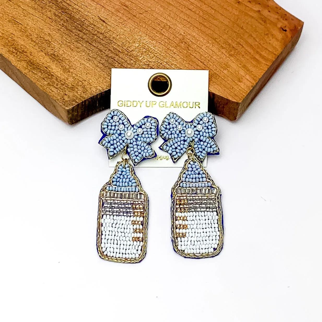 Baby Blue and White Beaded Bottle Earrings with Blue Bow Studs