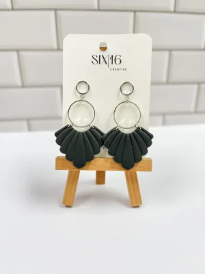 Black Fan Clay Earrings with Silver Accents