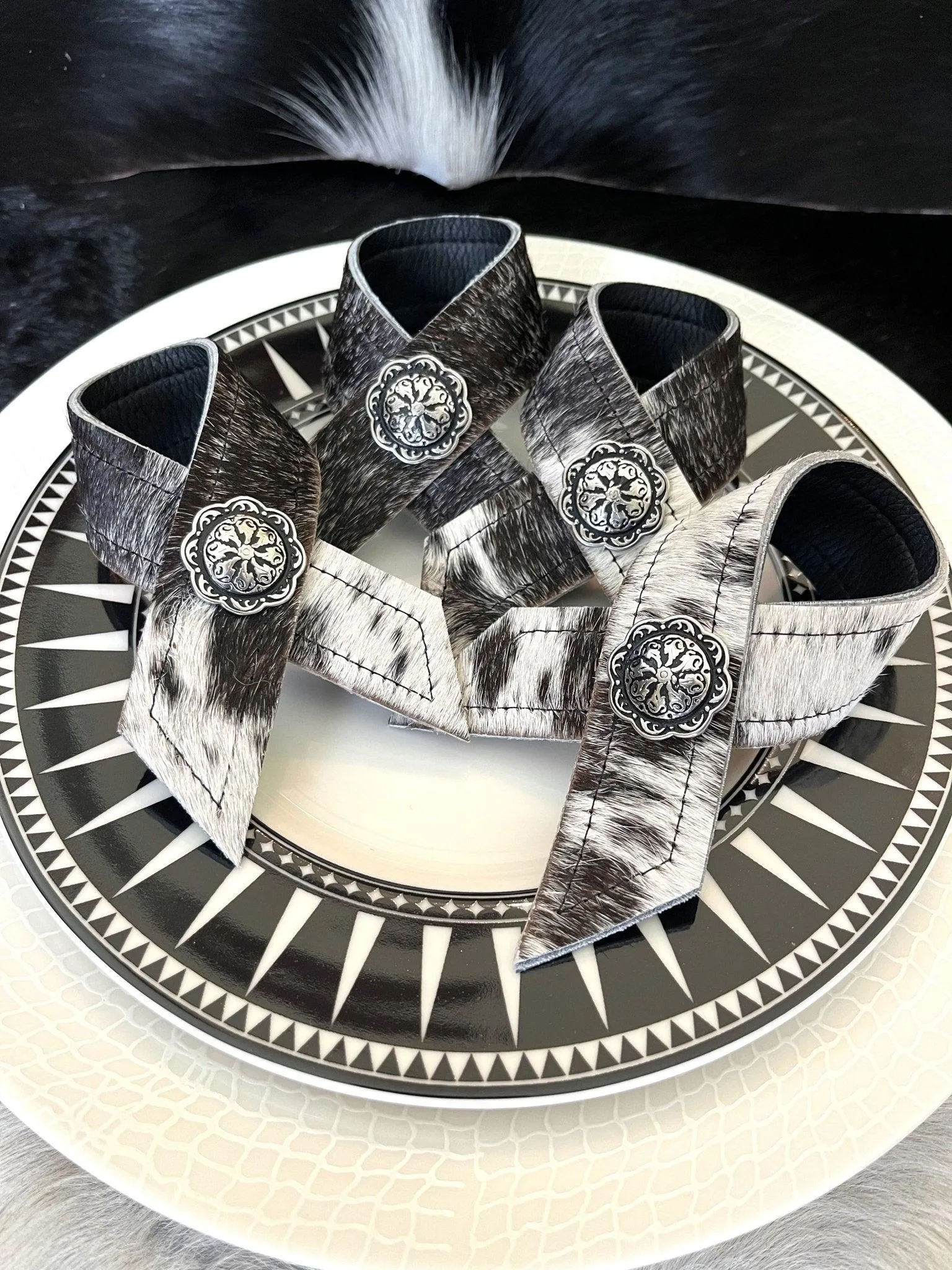 Black White Cowhide & Concho Napkin Rings