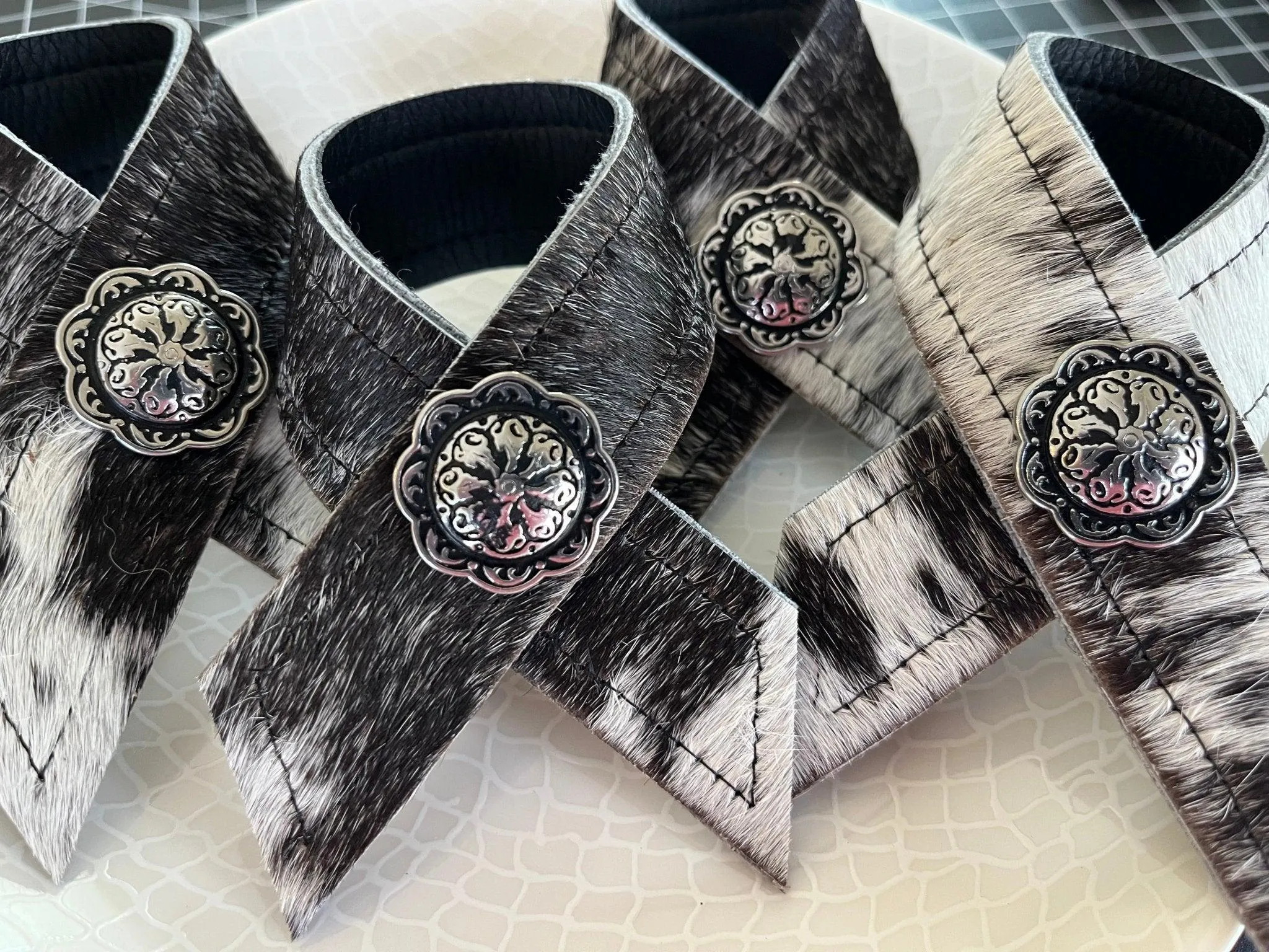 Black White Cowhide & Concho Napkin Rings