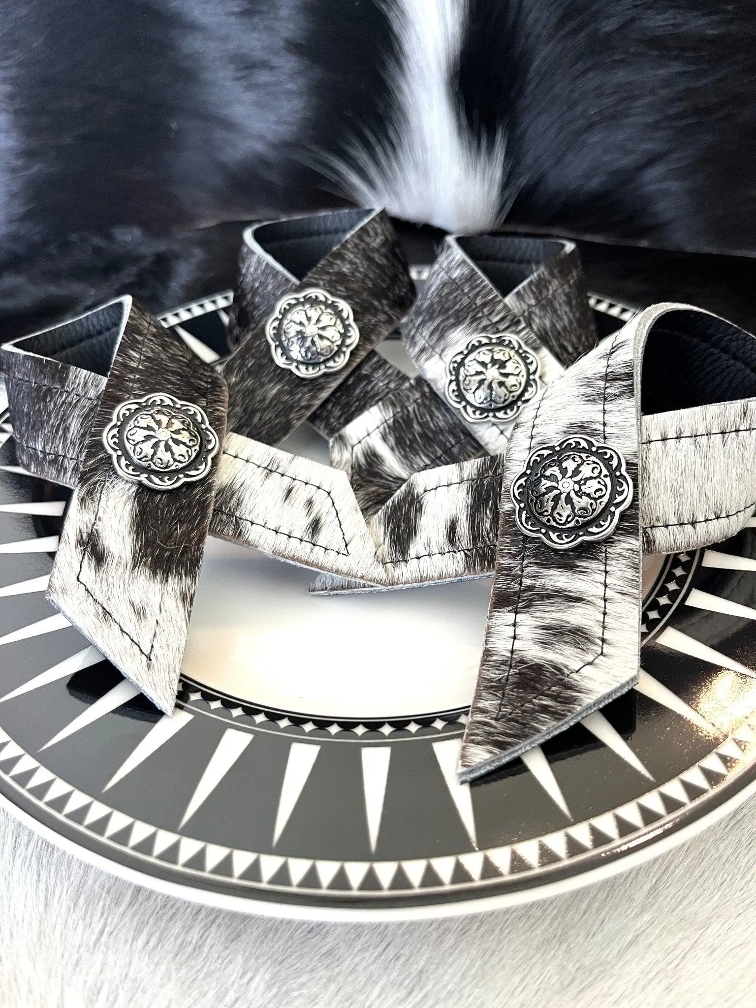 Black White Cowhide & Concho Napkin Rings