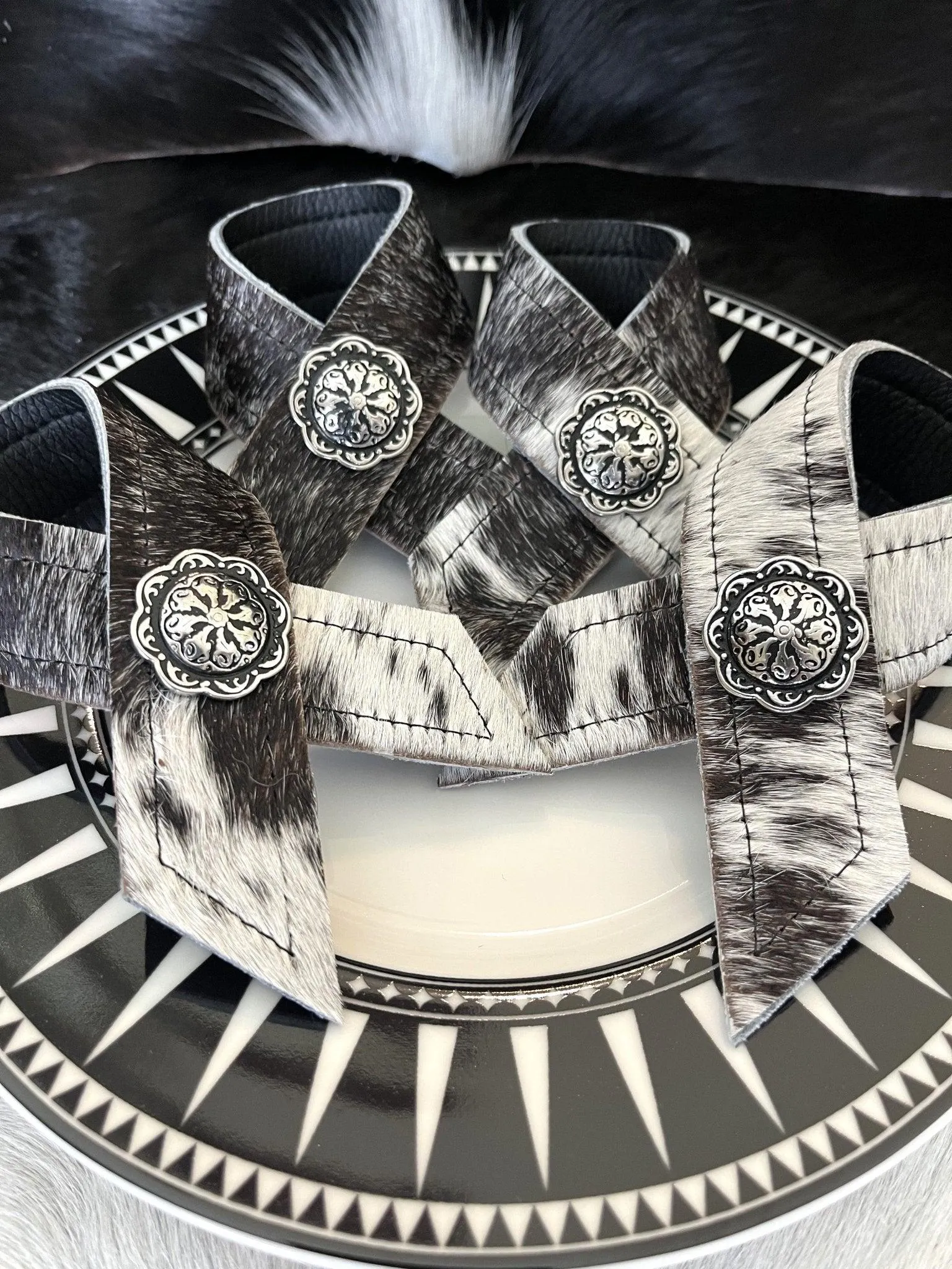 Black White Cowhide & Concho Napkin Rings