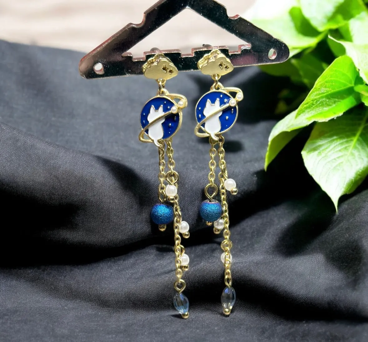 Celestial statement earrings | Blue cat planets earrings