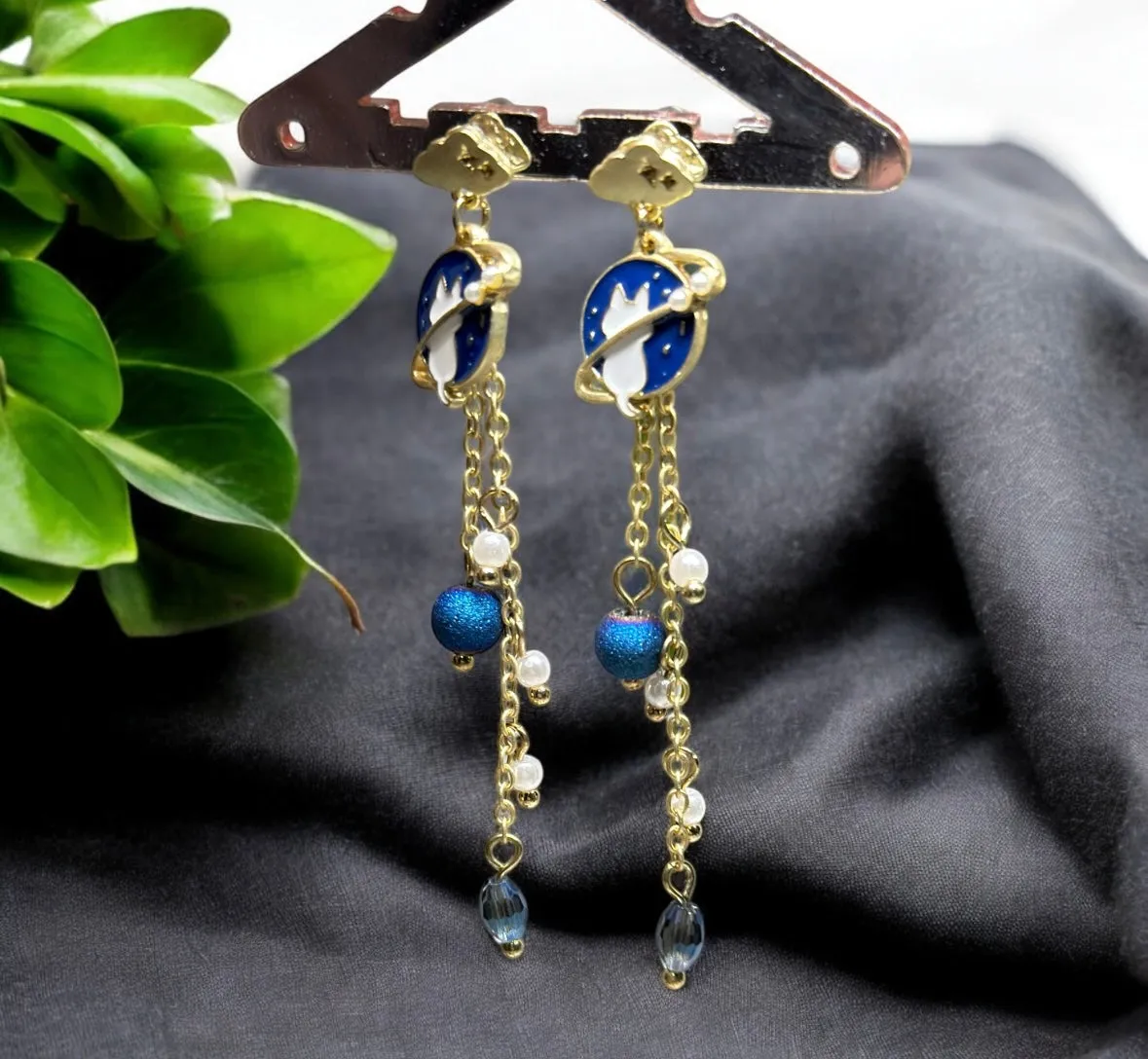 Celestial statement earrings | Blue cat planets earrings