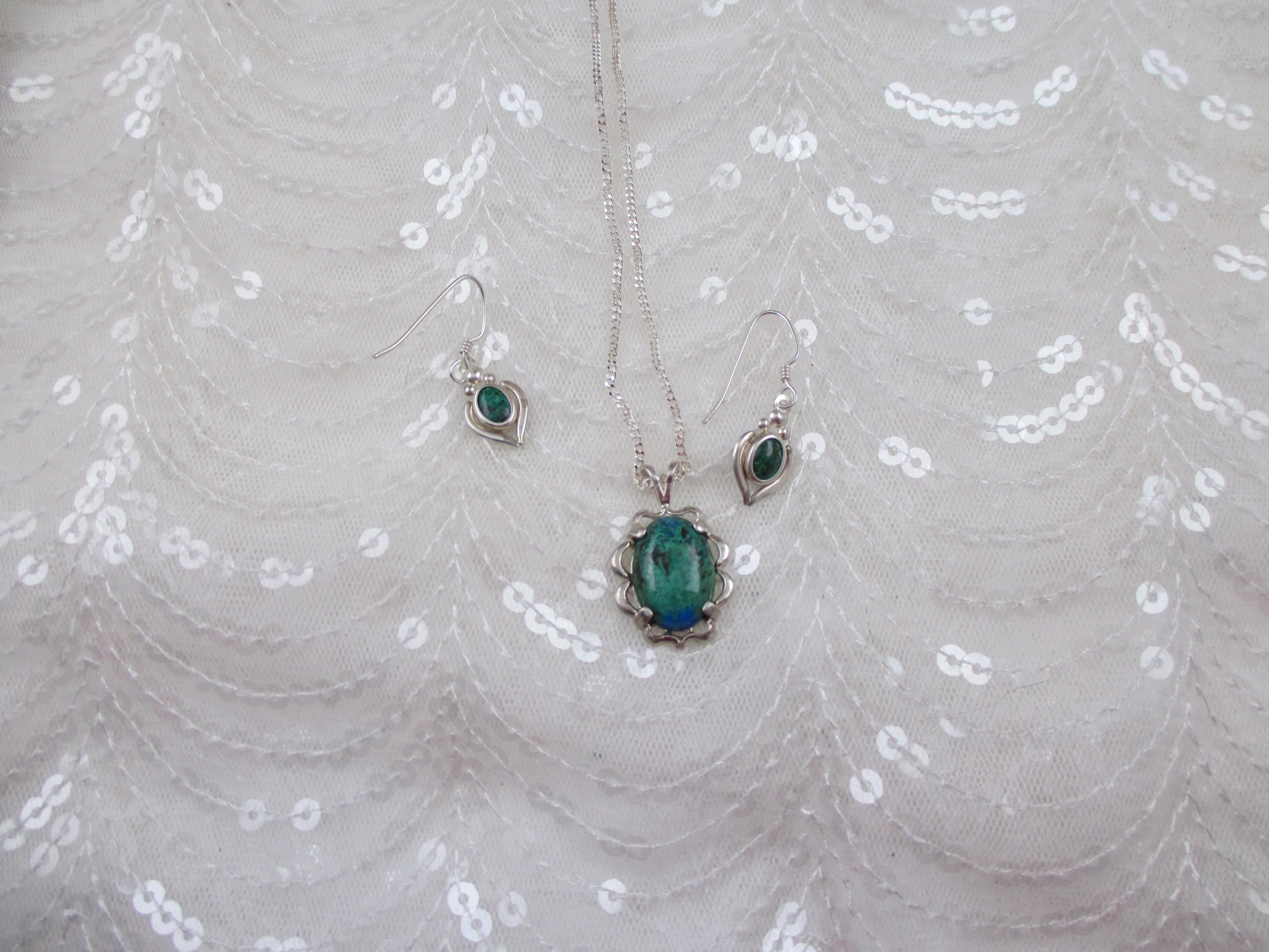 Chrysocolla  Gemstone Pendant Necklace and Earrings