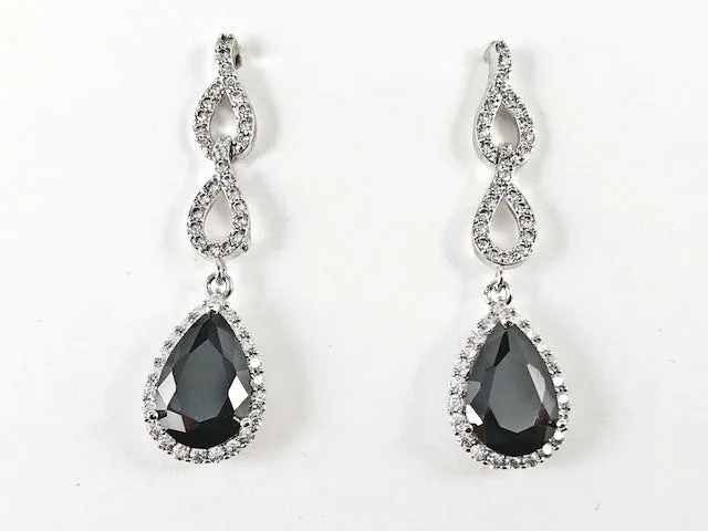 Classic Elegant Pear Shape Pattern Dangle Statement Black CZ Brass Earrings