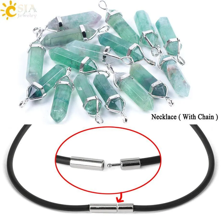 CSJA Fluorite Necklaces Crystal Pendants Suspension Natural Gem Stone Quartz Bullet Hexagonal Pendulum Reiki Chakra pendulo E546