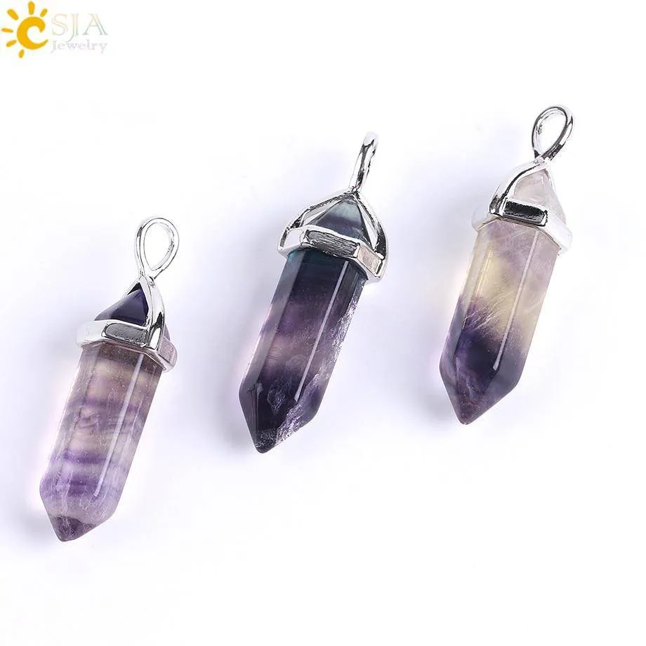 CSJA Fluorite Necklaces Crystal Pendants Suspension Natural Gem Stone Quartz Bullet Hexagonal Pendulum Reiki Chakra pendulo E546