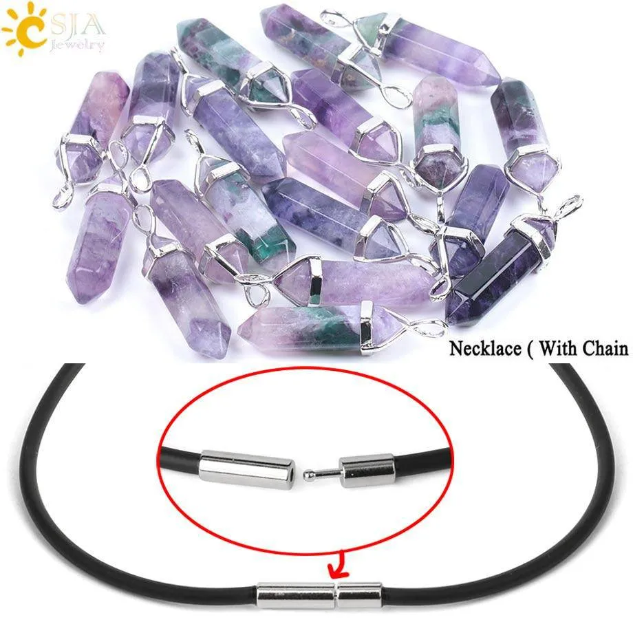 CSJA Fluorite Necklaces Crystal Pendants Suspension Natural Gem Stone Quartz Bullet Hexagonal Pendulum Reiki Chakra pendulo E546