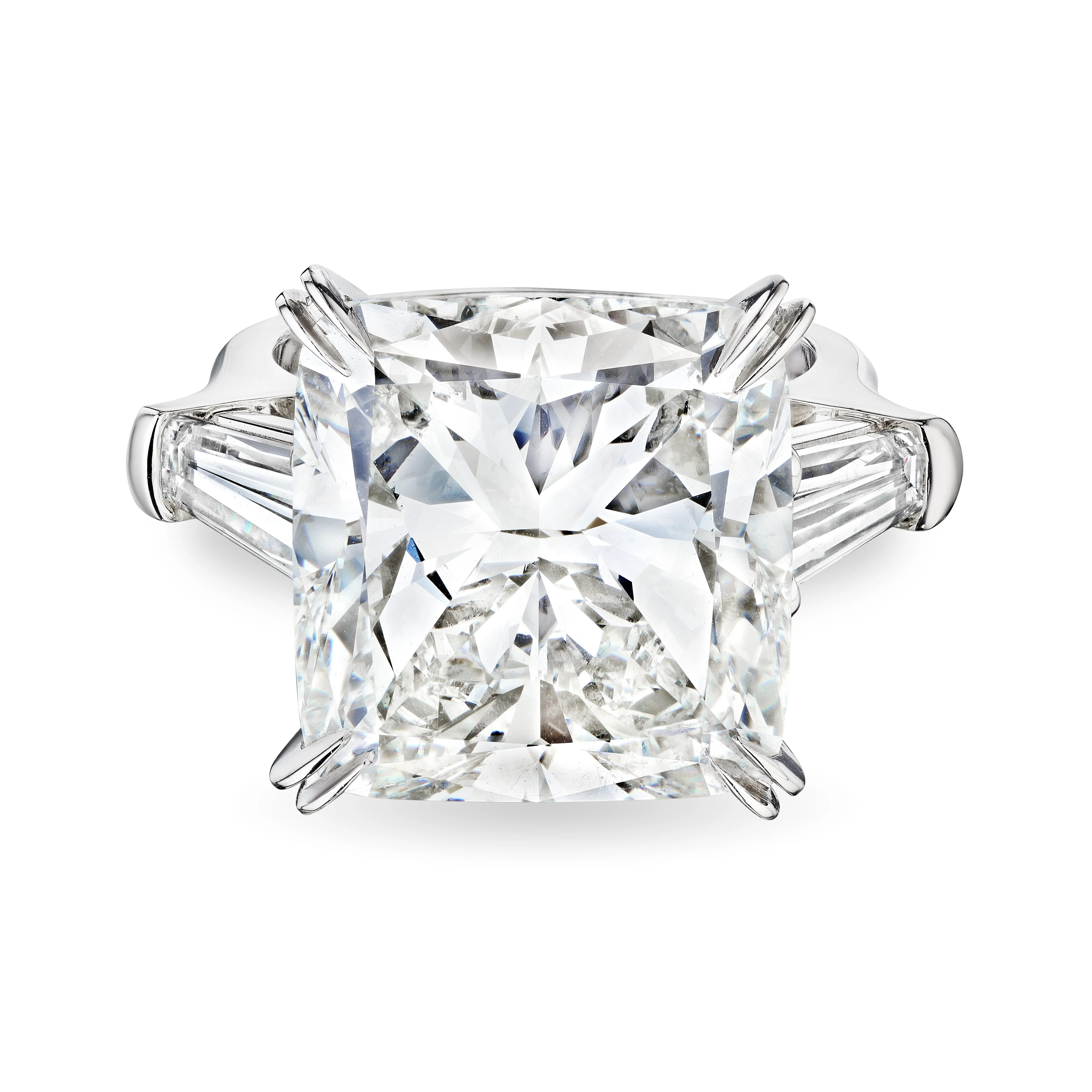 Cushion Cut Diamond Ring with Tapered Baguettes, 15 CT