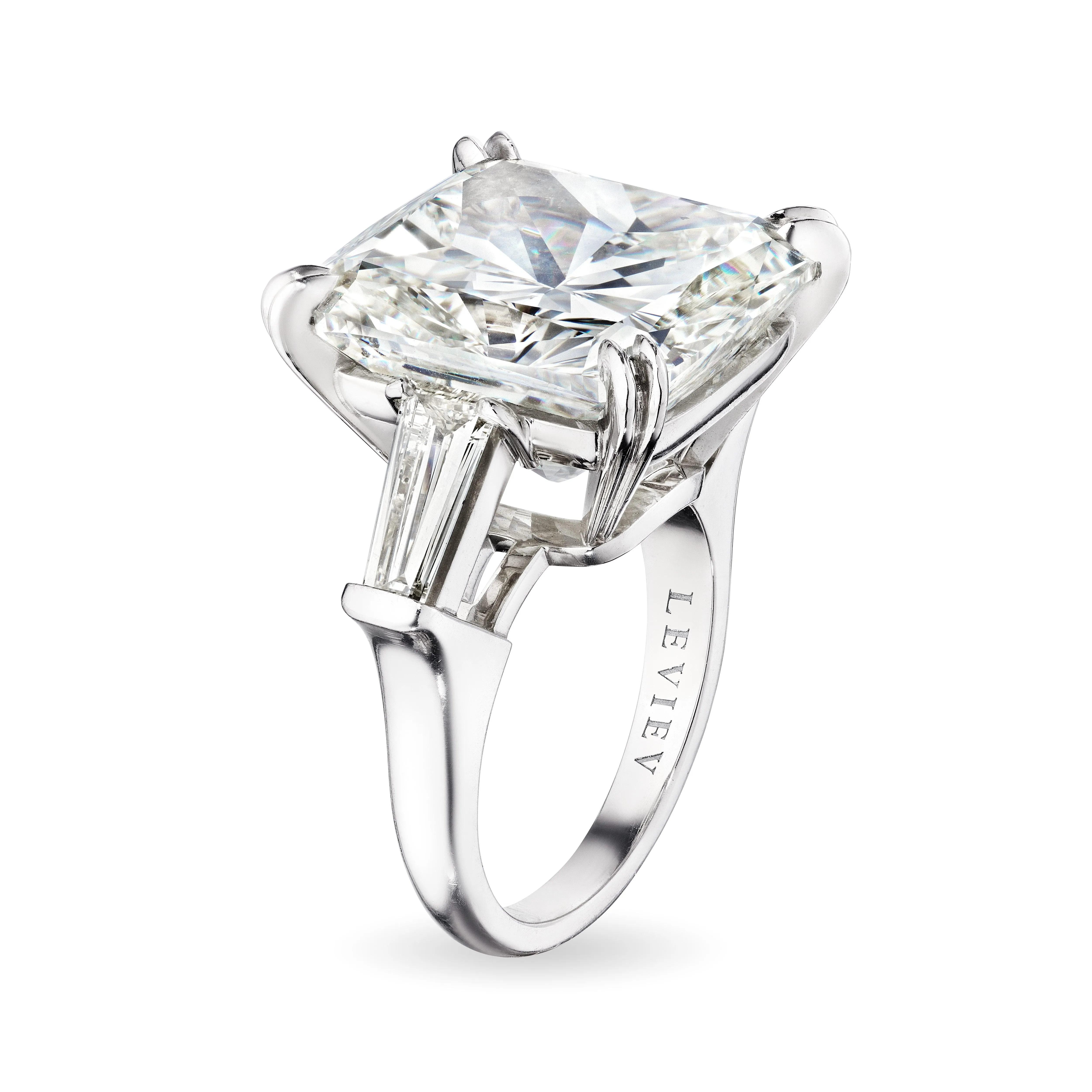 Cushion Cut Diamond Ring with Tapered Baguettes, 15 CT