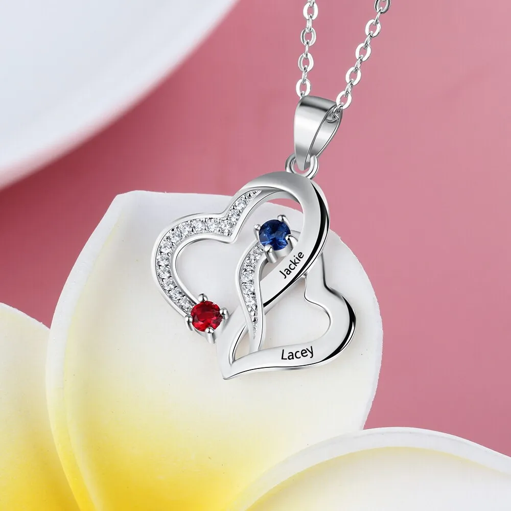 Customized 2 Birthstones Intertwined Heart Necklace Wedding Jewelry