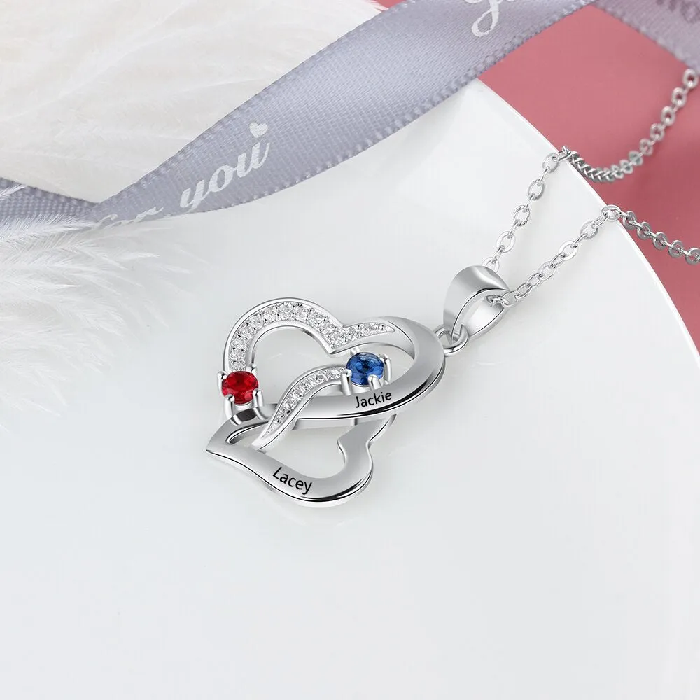 Customized 2 Birthstones Intertwined Heart Necklace Wedding Jewelry