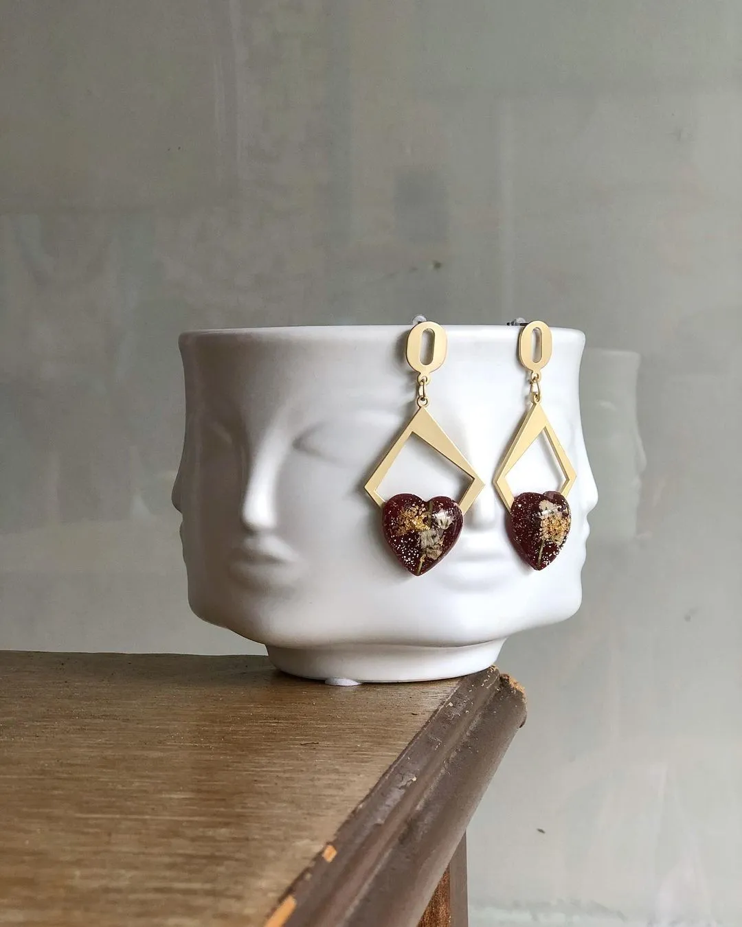 Dried Flower with Gold Square Resin Drop Earrings