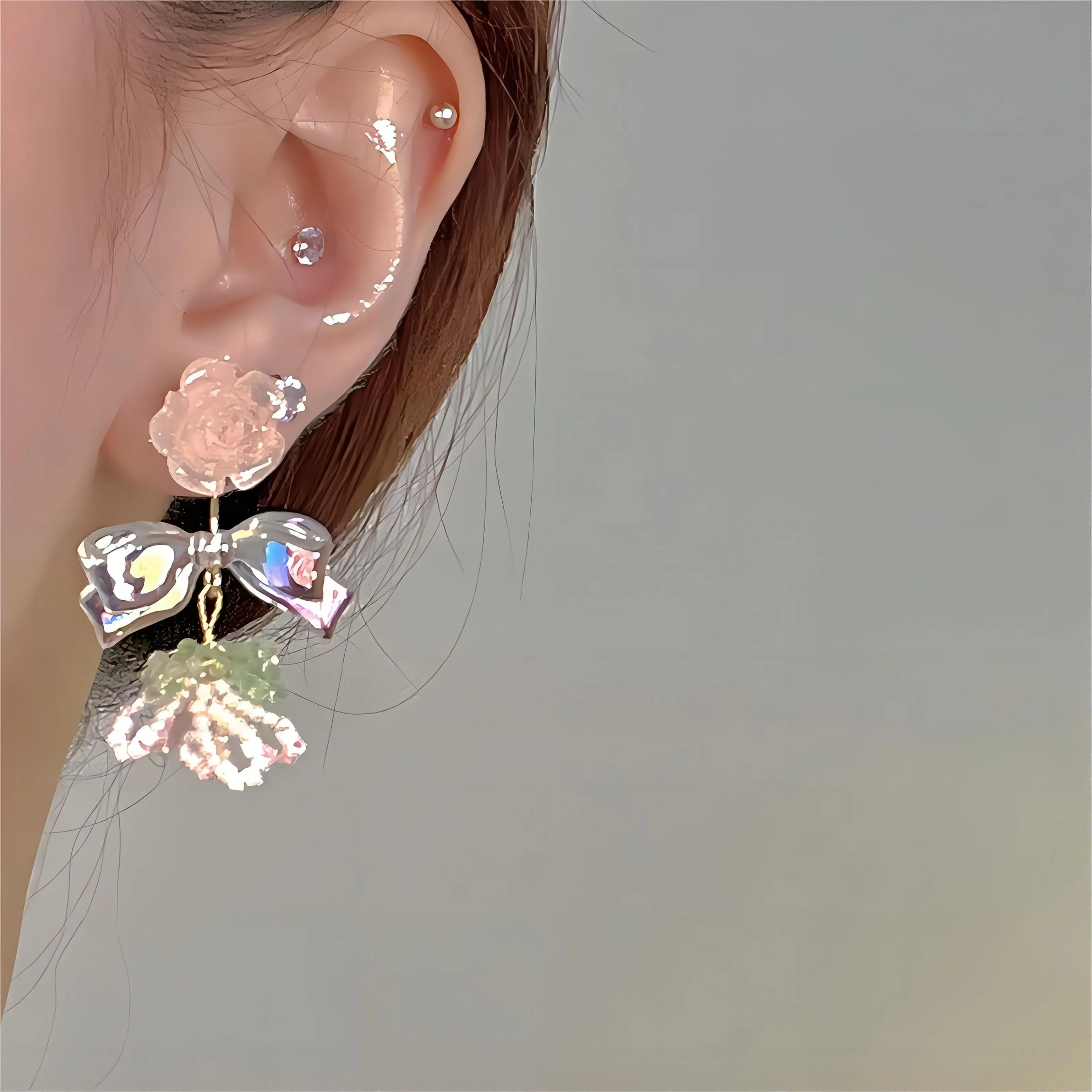 Elegant Beaded Floral Bowknot Rose Earrings