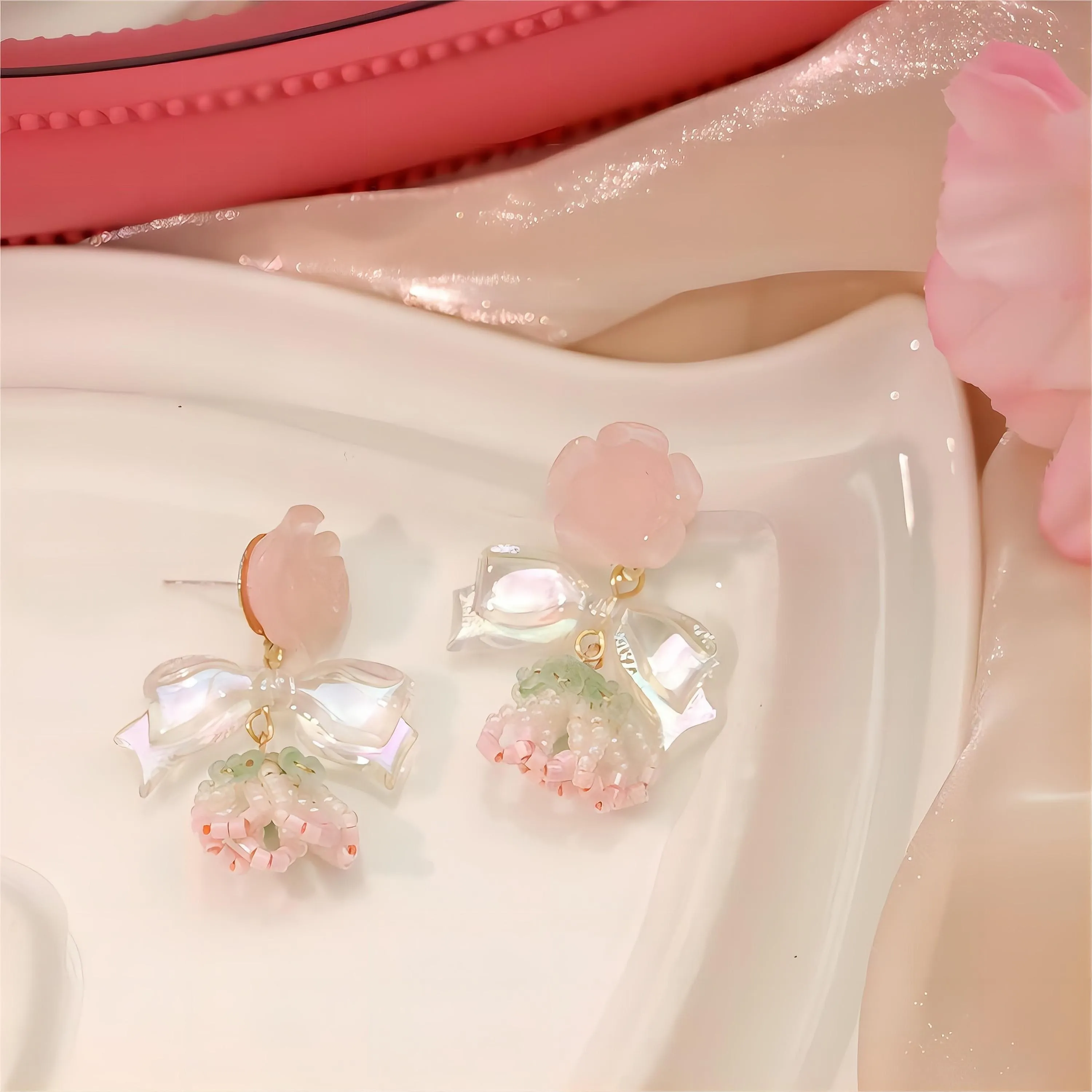 Elegant Beaded Floral Bowknot Rose Earrings