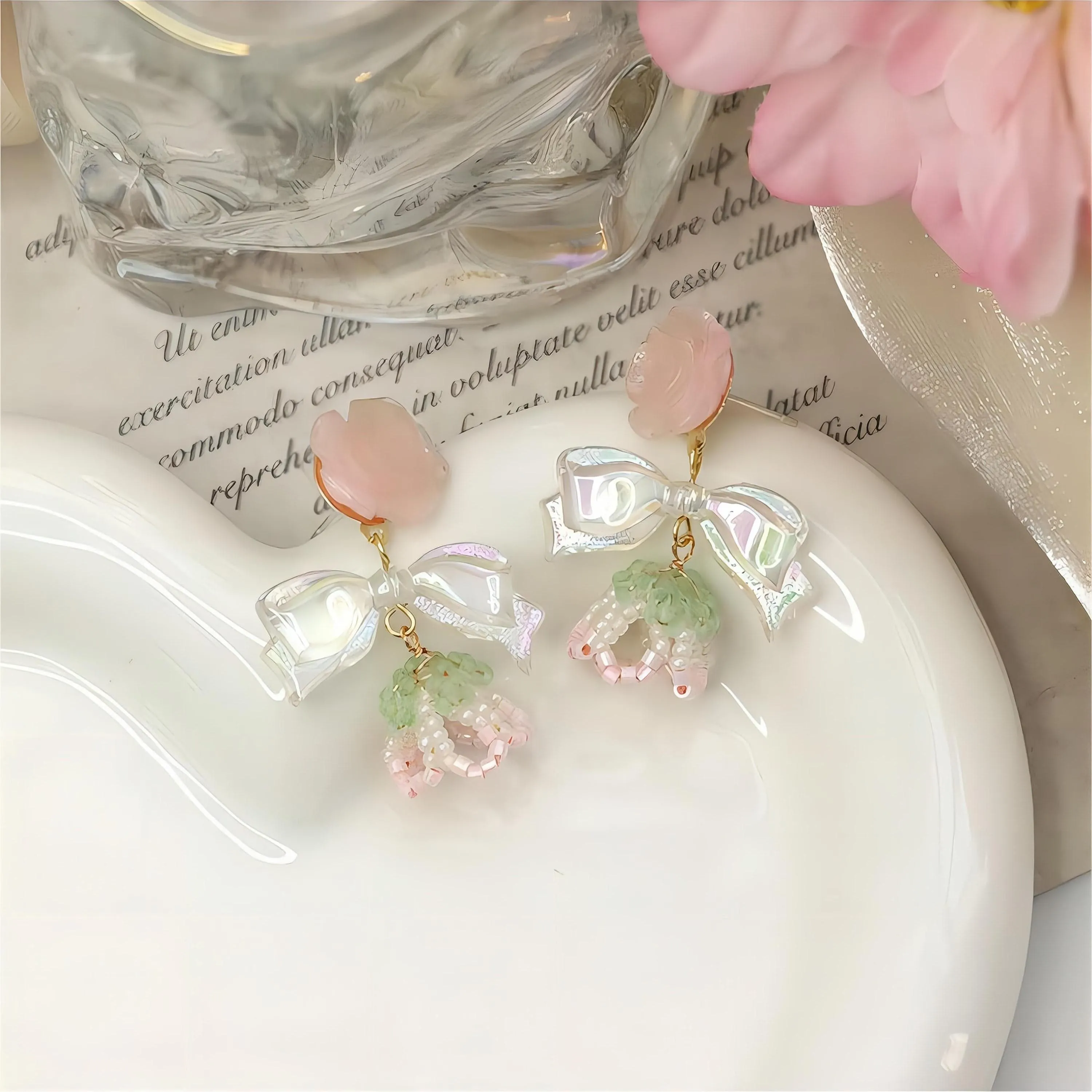 Elegant Beaded Floral Bowknot Rose Earrings