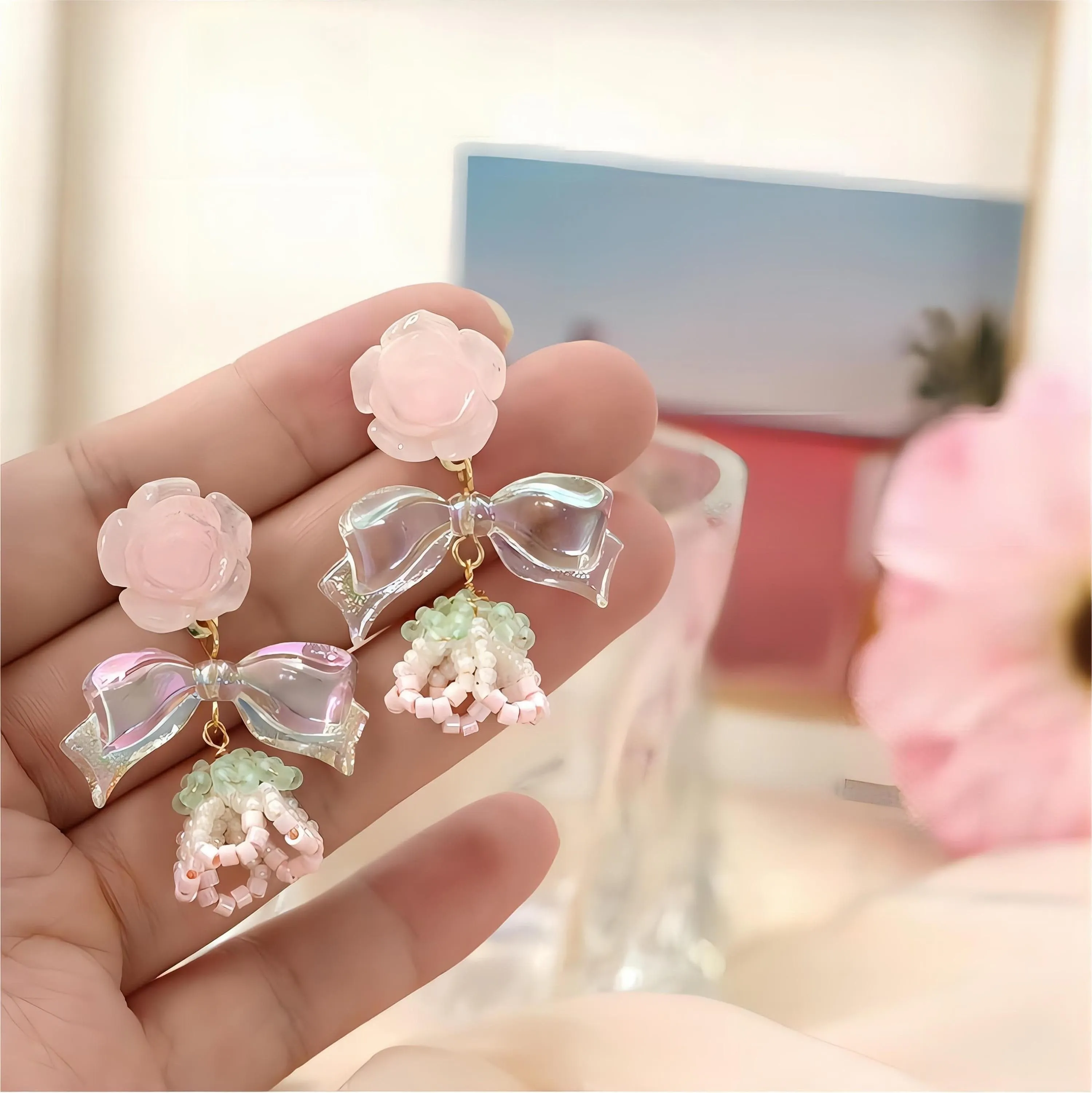 Elegant Beaded Floral Bowknot Rose Earrings