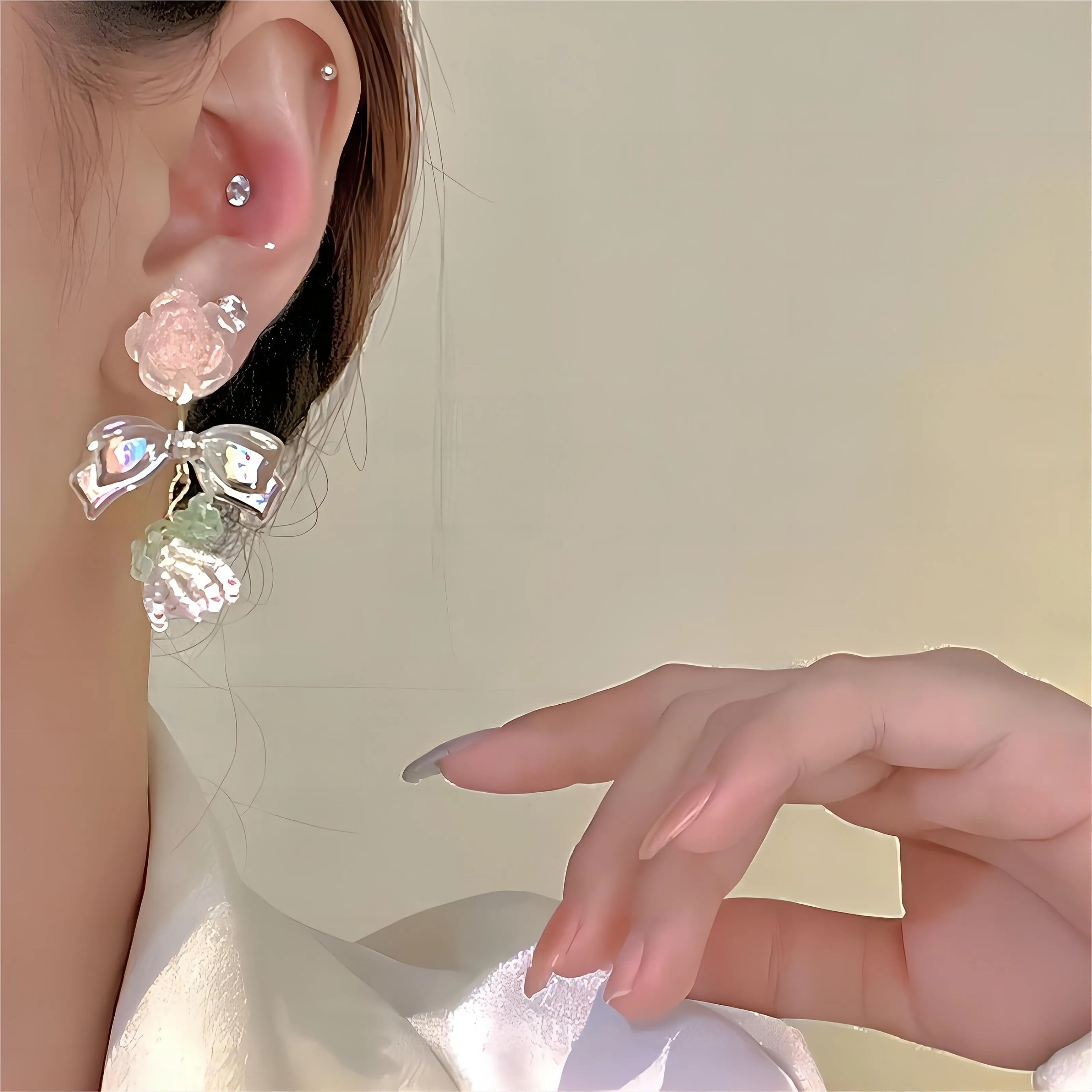 Elegant Beaded Floral Bowknot Rose Earrings