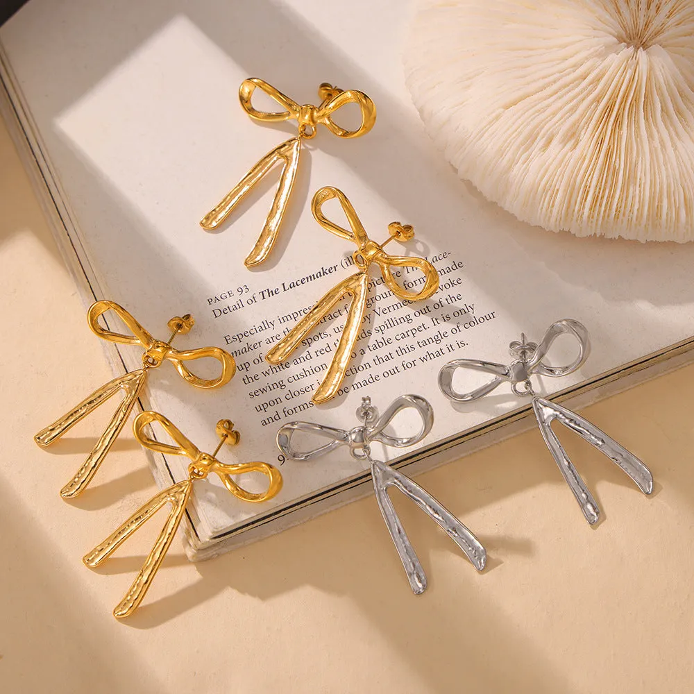 Elegant Korean Bow Stud Earrings in Gold-Plated Titanium Steel