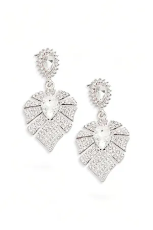 Elegant Pave Leaf Rhinestone Drop Dangle Omega Clip Earrings