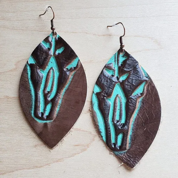 Embossed Turquoise Steer Head Oval Earrings