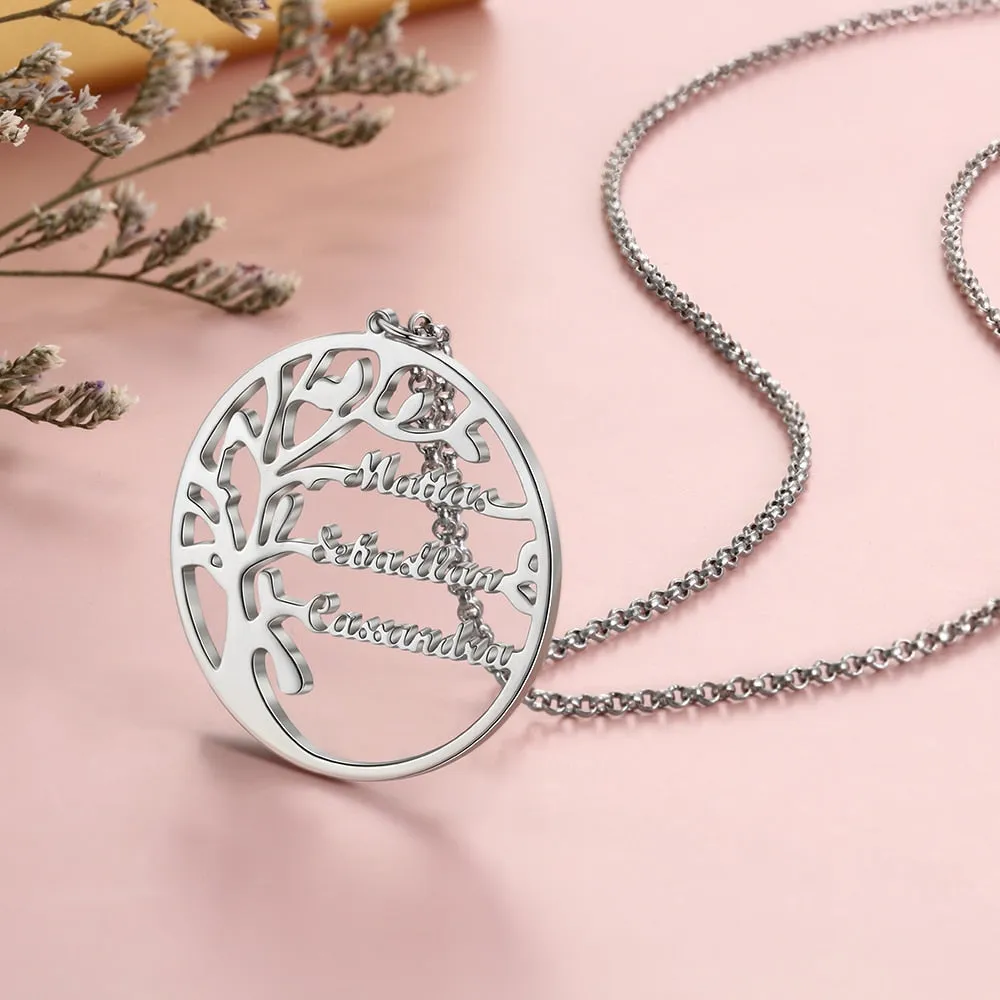 Family Tree Necklace Customized Nameplate with 3 Names Round Tree of Life Pendant