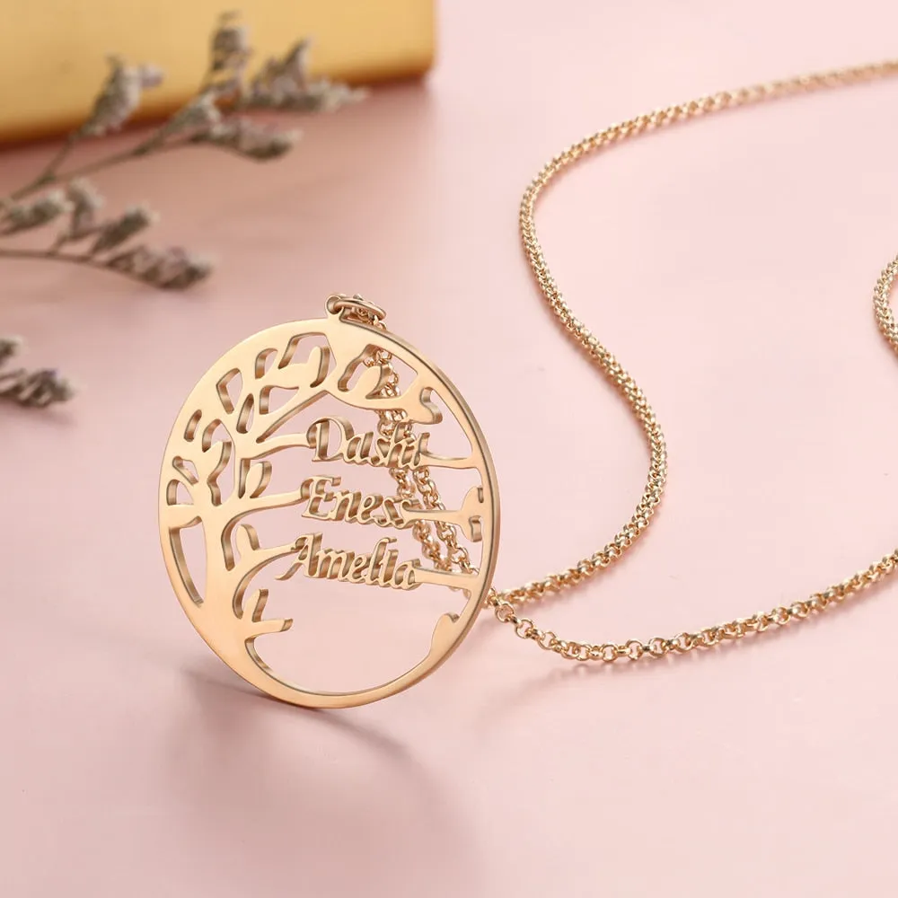 Family Tree Necklace Customized Nameplate with 3 Names Round Tree of Life Pendant