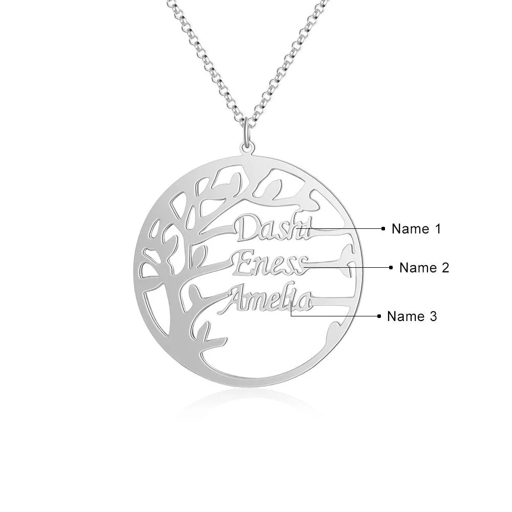 Family Tree Necklace Customized Nameplate with 3 Names Round Tree of Life Pendant