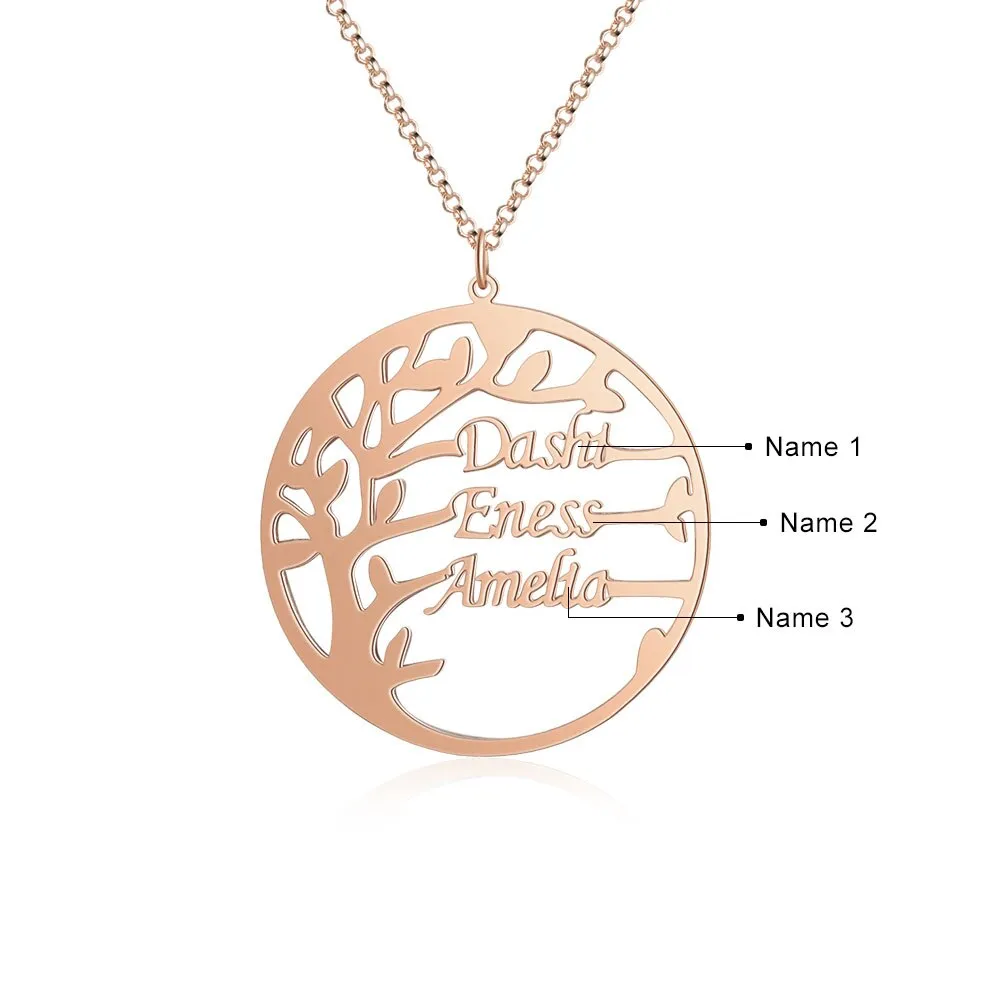 Family Tree Necklace Customized Nameplate with 3 Names Round Tree of Life Pendant