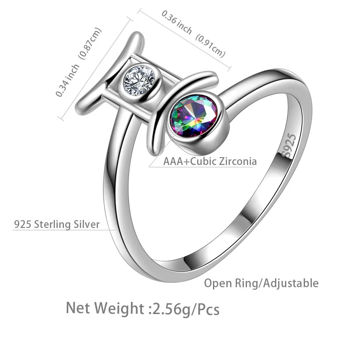 Gemini Zodiac Rings Women Girls Jewelry Birthday Gift Mystic Topaz 925 Silver