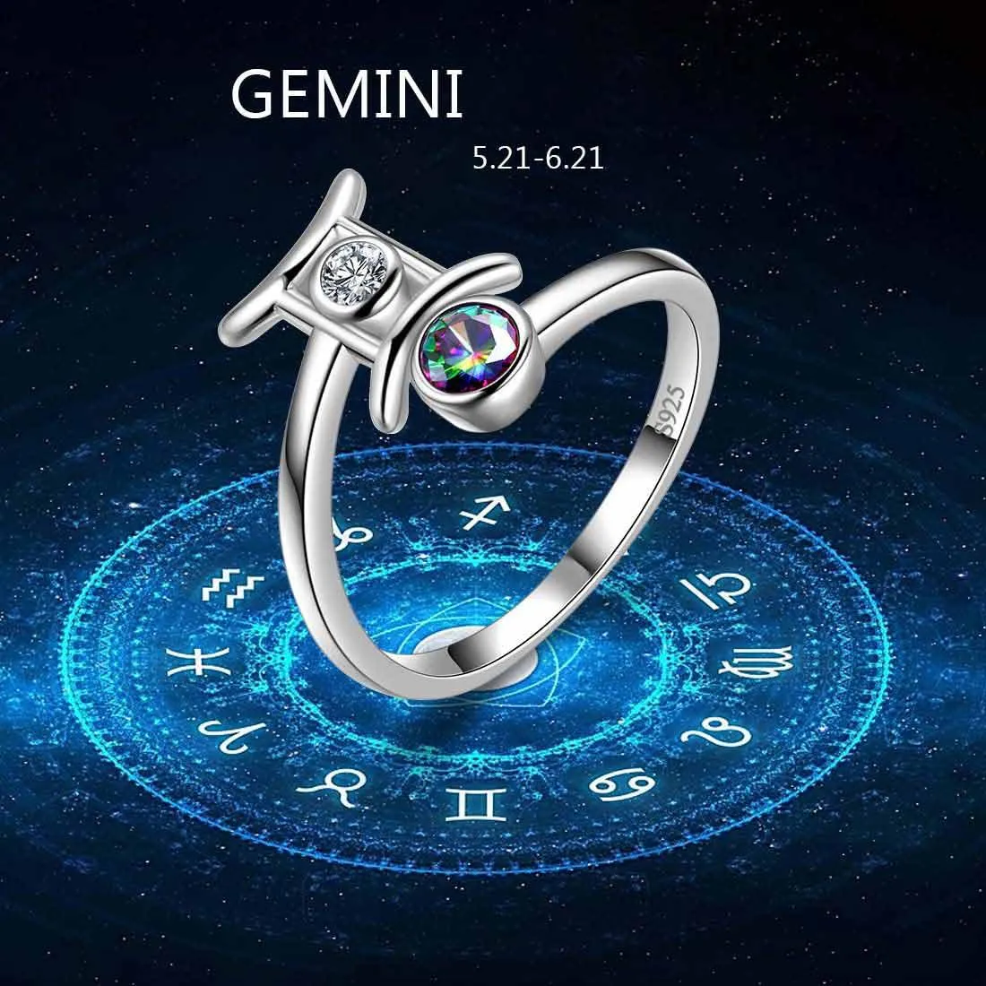 Gemini Zodiac Rings Women Girls Jewelry Birthday Gift Mystic Topaz 925 Silver