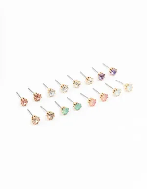 Gold Pastel Diamante Stud Earrings 8-Pack