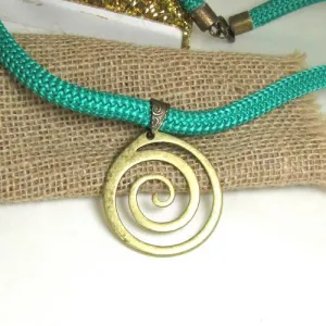 Green Cotton Climbing Cord  Necklace with Antique Brass Pendant