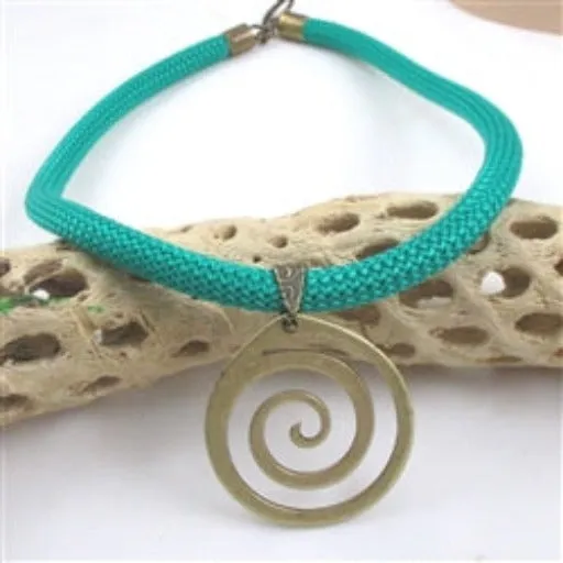 Green Cotton Climbing Cord  Necklace with Antique Brass Pendant