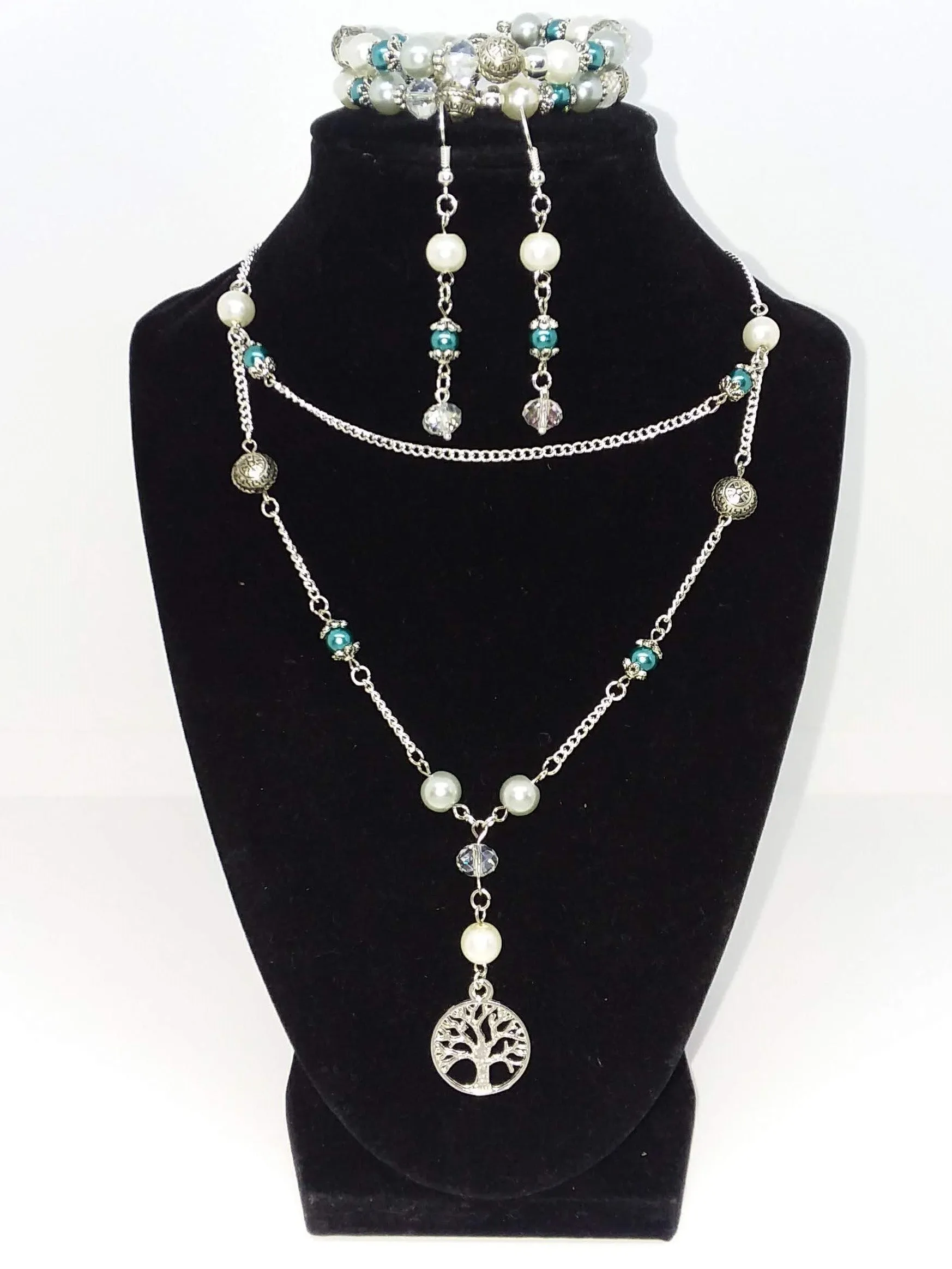 Handmade Glass Beaded Metal Charm Pendants with Silver Plated Earrings and Chain Necklace Jewelry Set Tree of Life