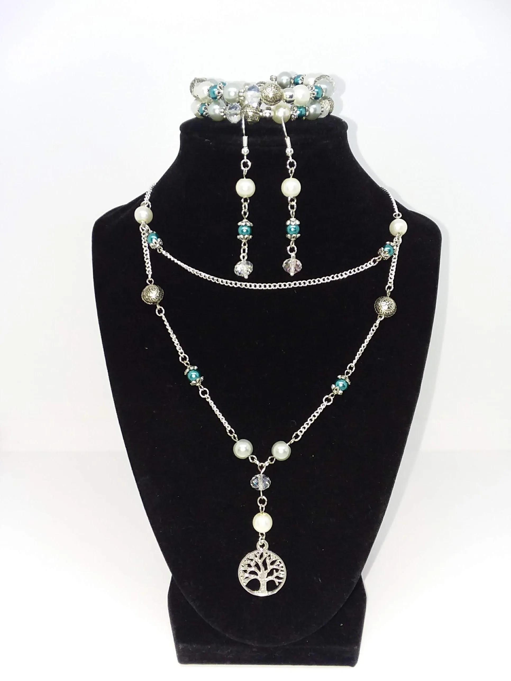 Handmade Glass Beaded Metal Charm Pendants with Silver Plated Earrings and Chain Necklace Jewelry Set Tree of Life